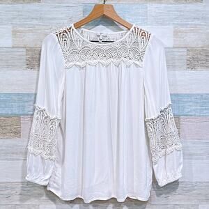 JOIE Coastal Lace Crochet Trim Top Blue Porcelain White Relaxed Fit Womens Small